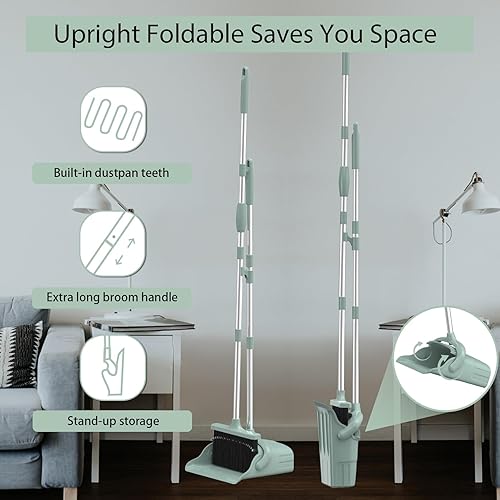 Miniatura 8 de Juego combinado de escoba con recogedor  Juego de escoba y recogedor de mango largo de 52 pulgadas con dientes autolimpiantes, bandeja para polvo de