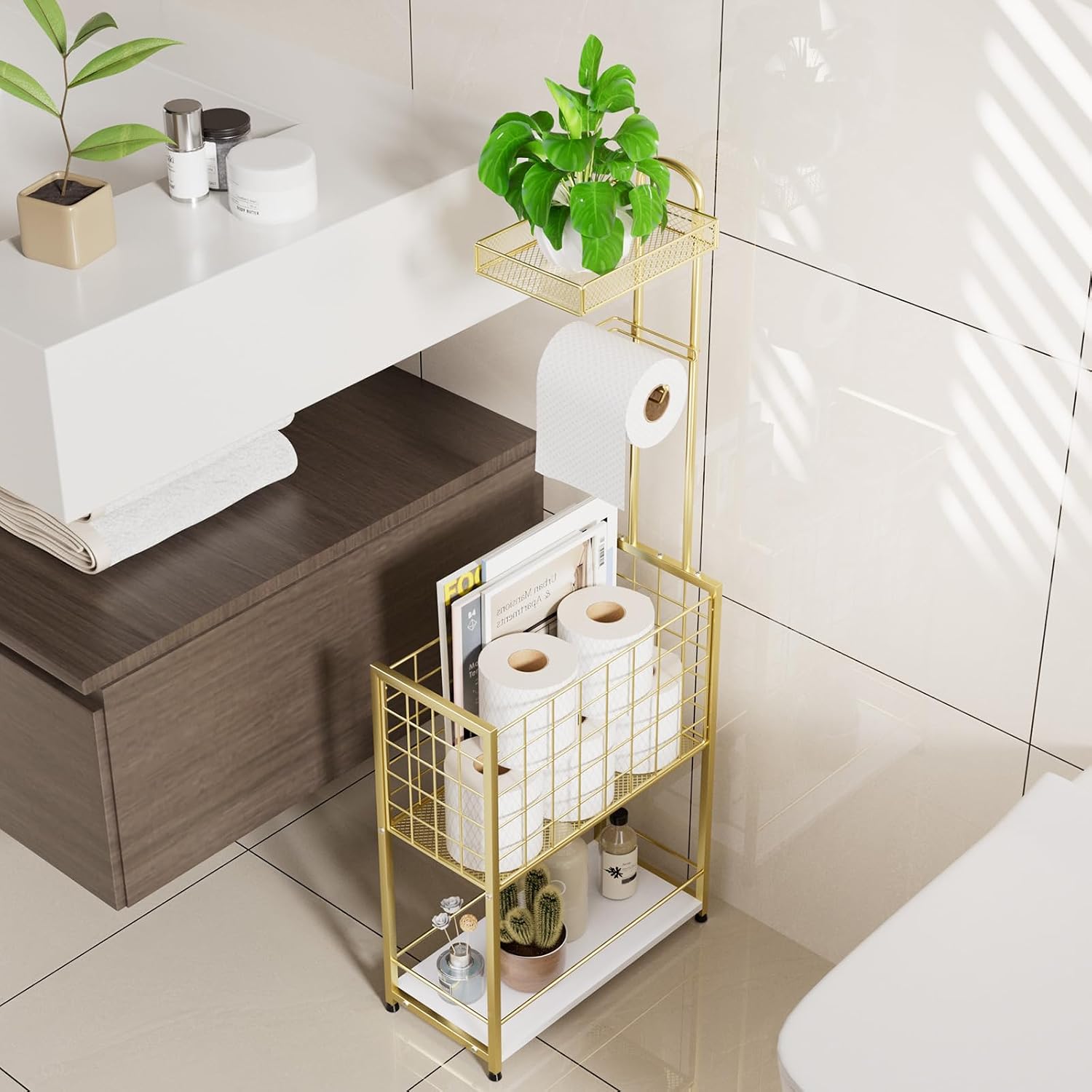 SWTYMIKI Freestanding Toilet Paper Holder - 4-Tier Free Standing Toilet Paper Holder Stand with Large Basket, Stand Mega Roll Storage Rack for Extra Rolls, Magazines, Wet Wipes, Gold image 4