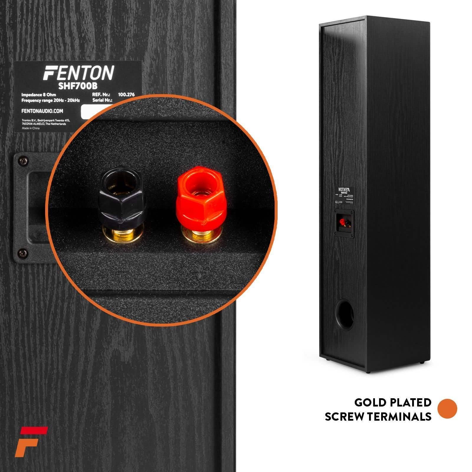 Fenton SHF700B - Paire d'Enceintes HiFi - Noir, Puissance de 400W, Woofer 2X 6,5 Pouces, Technologie 3 Voies, Borniers à Vis Plaqués Or, Pieds en Caoutchouc Antidérapant