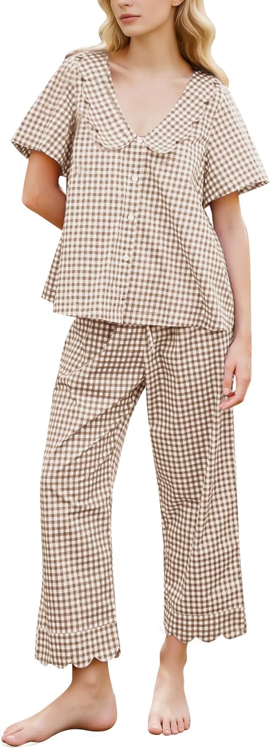 Kissonic Womens Gingham Pajama Set Cute Cotton Ruffle Pajamas Cozy Plaid Y2K Pjs Babydoll Sleepwear