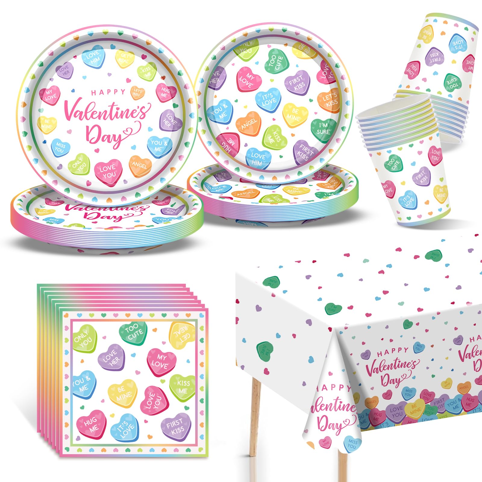 Valentine’s Day Party Decorations Set - Inclued with Plates,Tablecloth, Napkins, Cups for Lovely Heart Pattern Designs with Romantic Messages，Service
