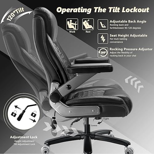 Miniatura 8 de 650LBS Big and Tall Office Chair with 5D Flip Arms and Thick Pocket Spring Cushion, Extra Wide Heavy Duty Office Chair & Adjustable Lumbar Support