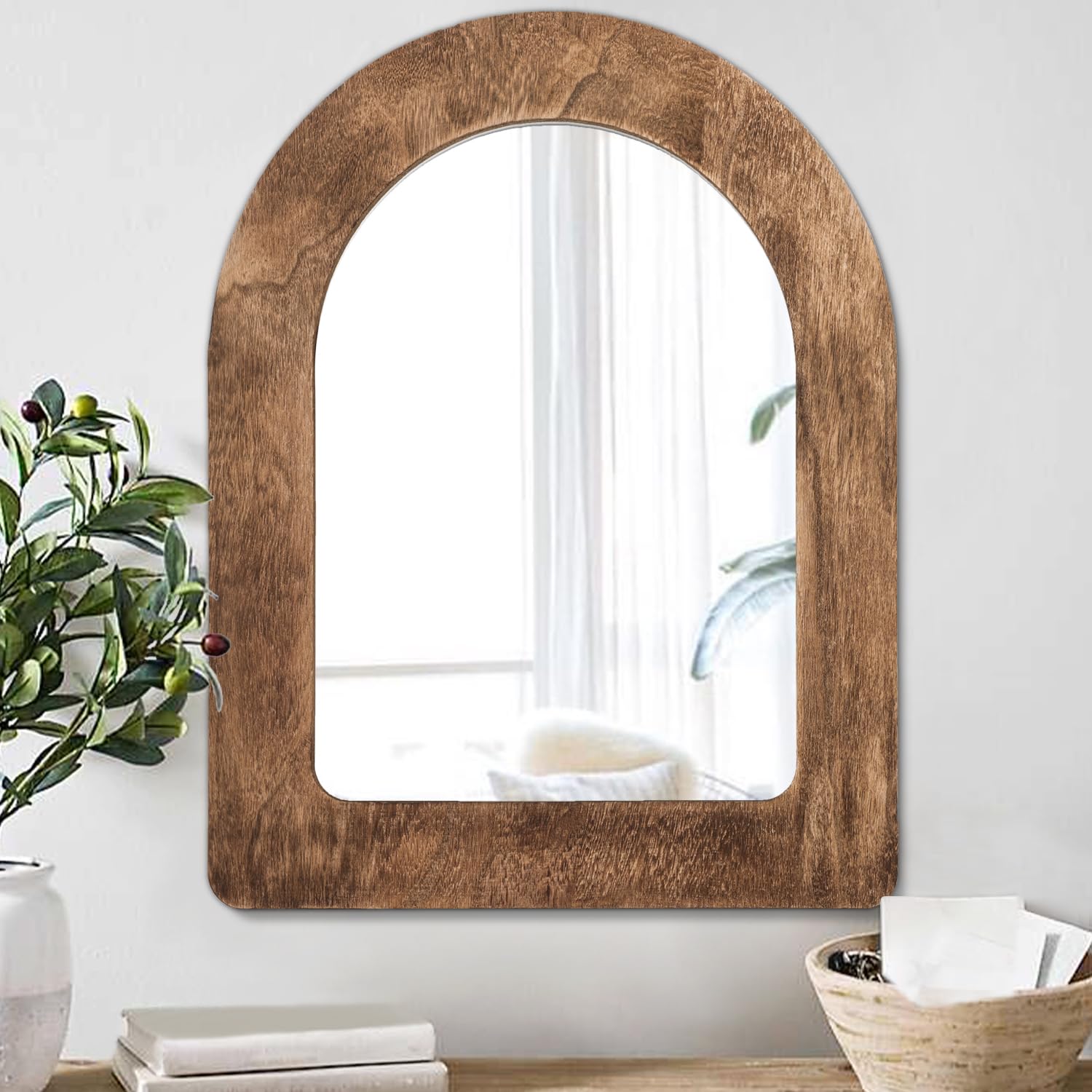 AAZZKANG Espejo de pared arqueado con marco de madera, espejo de arco retro, espejo decorativo para colgar en dormitorio, baño, sala de estar, decoración de pared del hogar, 50 cm de largo x 40 cm de