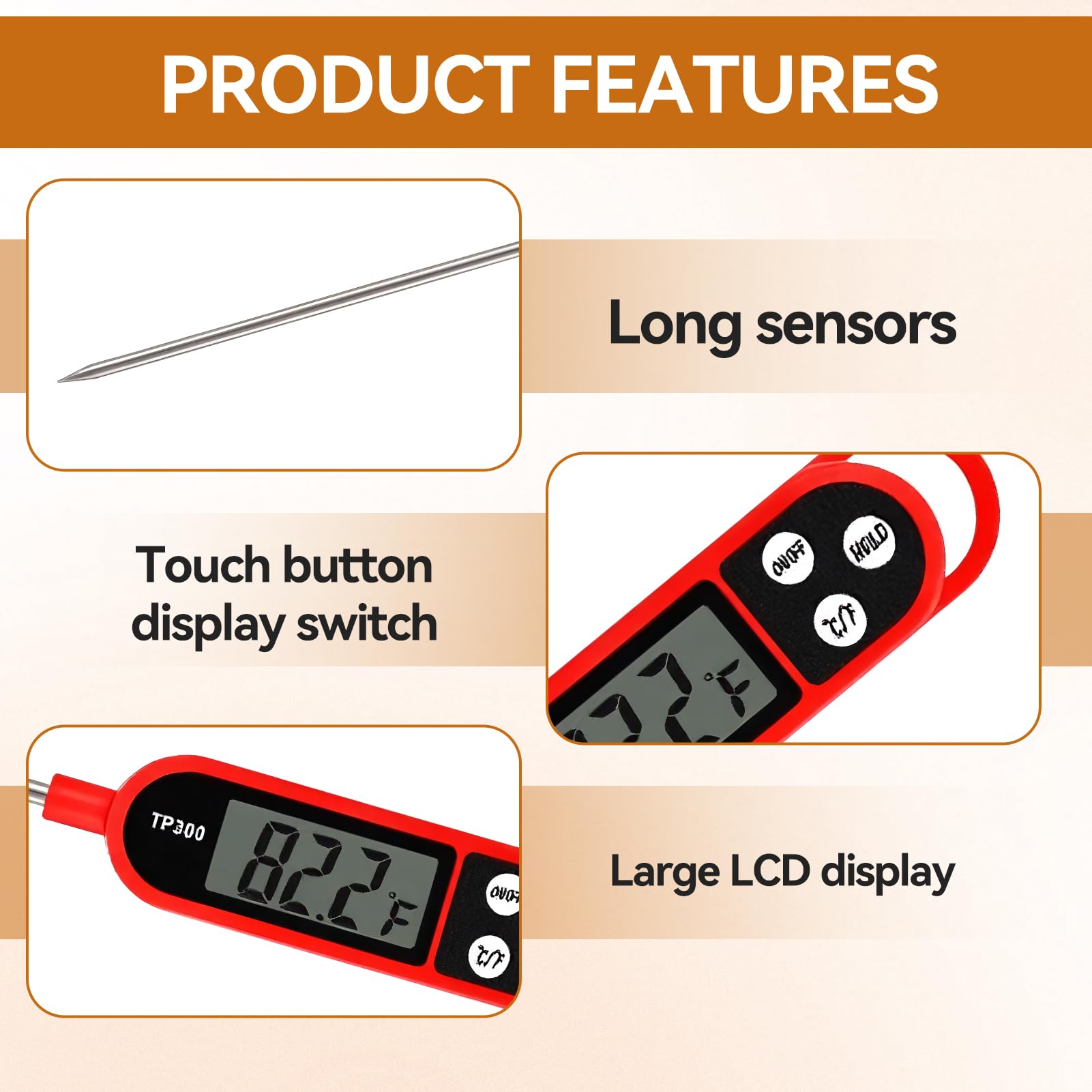 Digitales Küchenthermometer mit langer Sonde, sofortiges Lebensmittelthermometer mit LCD-Display, Messbereich -50 °C bis 300 °C, schnelle Ablesung 3 – 5 s, Hold-Funktion °C/°F, für Fleisch, BBQ