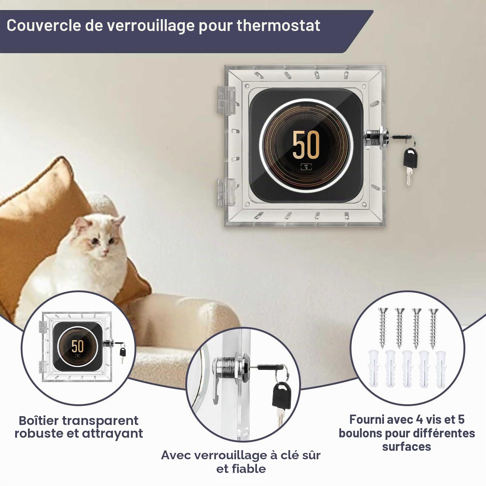 mumisuto Boite De Verrouillage Thermostat avec Clé, Protection de Thermostat Transparente, Couvercle De Thermostat avec Serrure pour Panneau AC, Écoles, Restaurants