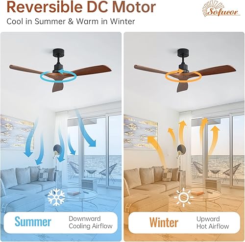 Miniatura 6 de Sofucor Ventilador de techo de 52 pulgadas sin luz, moderno ventilador de techo de madera maciza con control remoto, 5000 CFM de alto flujo de aire,