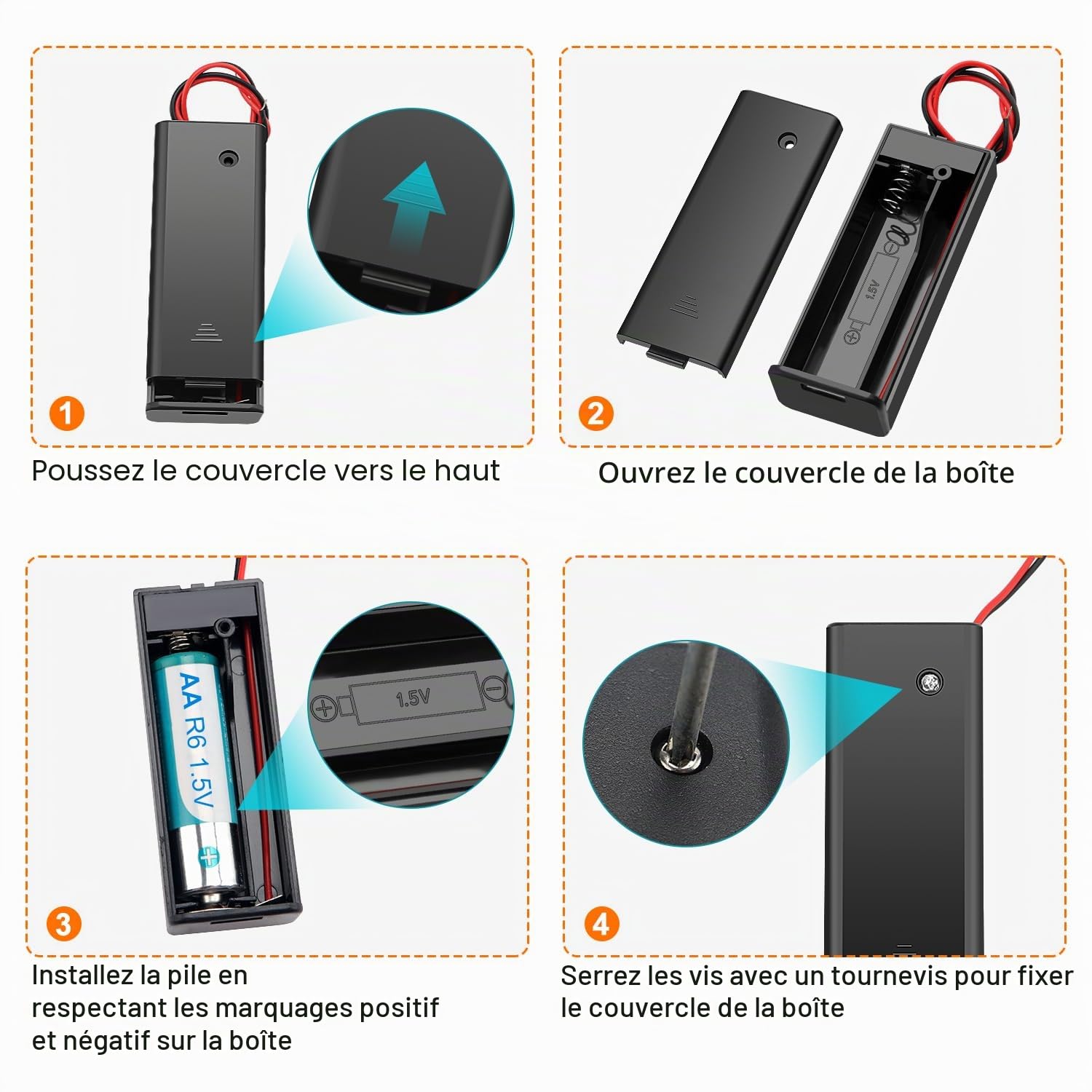 8 Pièces AA Support de Batterie Kits, KUOQIY 1/2/3/4 x 1.5V AA Boîtier de batterie avec Couvercle et Interrupteur On/Off, avec Boîte à Piles en Plastique et Tournevis et Vis et Tournevis
