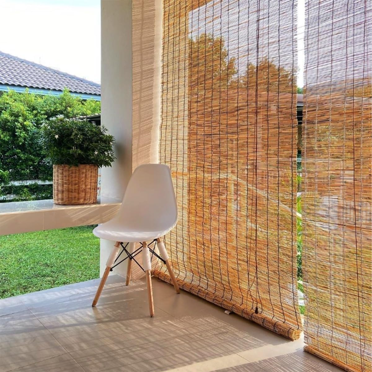 Cortina de bambú natural de 150 x 170 cm, respetuosa con el medio ambiente, protección solar, ajustable, para decoración del hogar, ligera y elegante tratamiento de ventanas