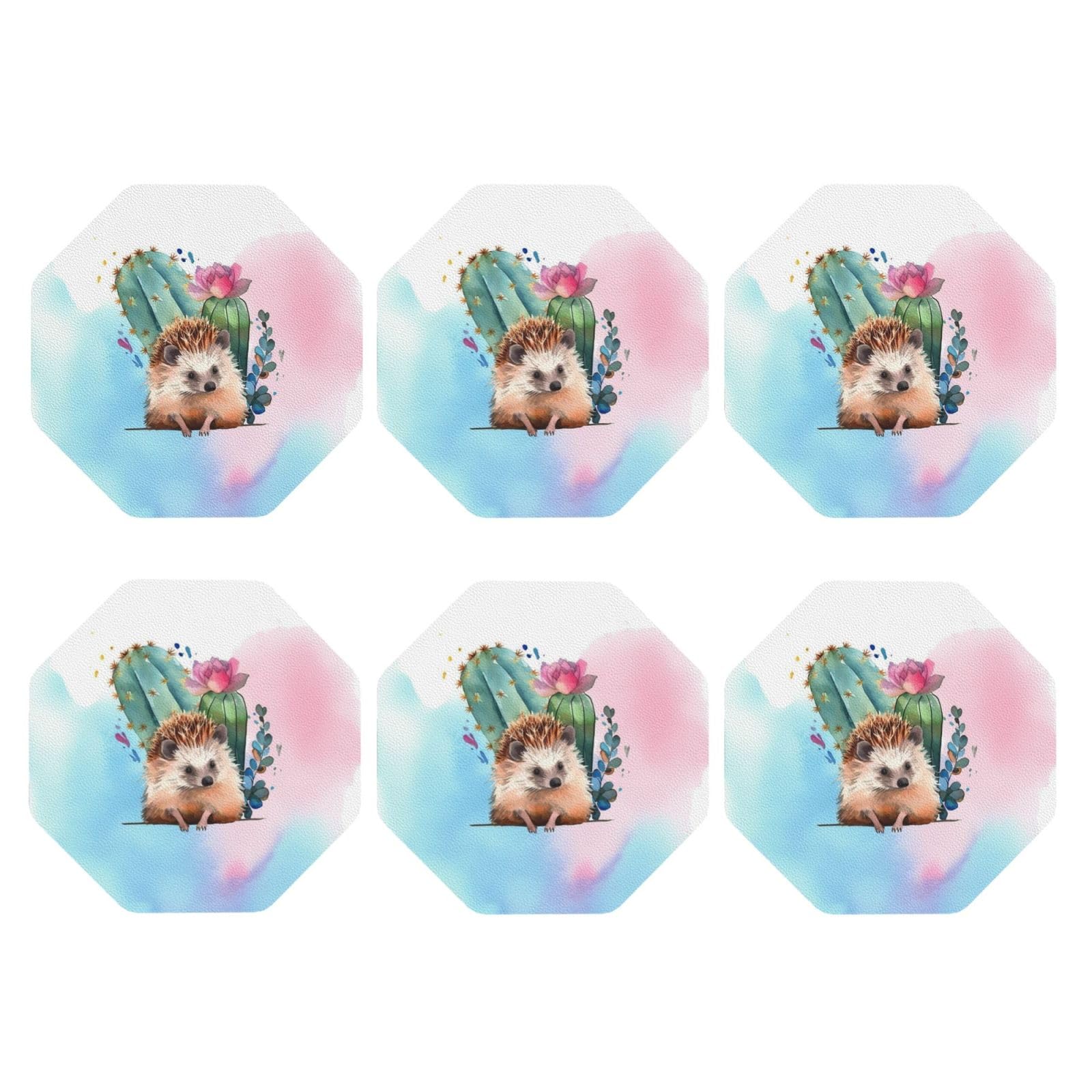6pcs Leather Coasters for Drinks, Watercolor Hedgehog Drink Coasters for Tabletop Protection, 4" Cup Coasters for Coffee Table Decor, Non-Slip Drinking Cup Mat for Hot Or Cold Drink