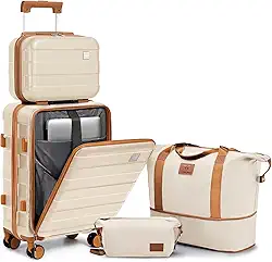 Mala de mão aprovada por companhias aéreas de 56 x 35 x 23 cm, mala de mão rígida leve, bagagem de viagem de 50 cm com rodas giratórias e porta USB, branco, marrom, Bege, 4 piece set