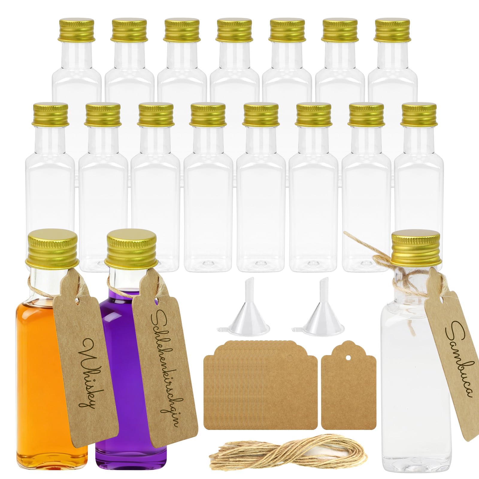 MIHURO 15 Pack Shot Bottles with Lids,Square Small Plastic Bottle 50ml with Hangtag Funnel,Reusable Mini Alcohol Bottles,Shot Bottle for Hen Party,Wedding Party,Whiskey,Spirit Vodka (Gold)