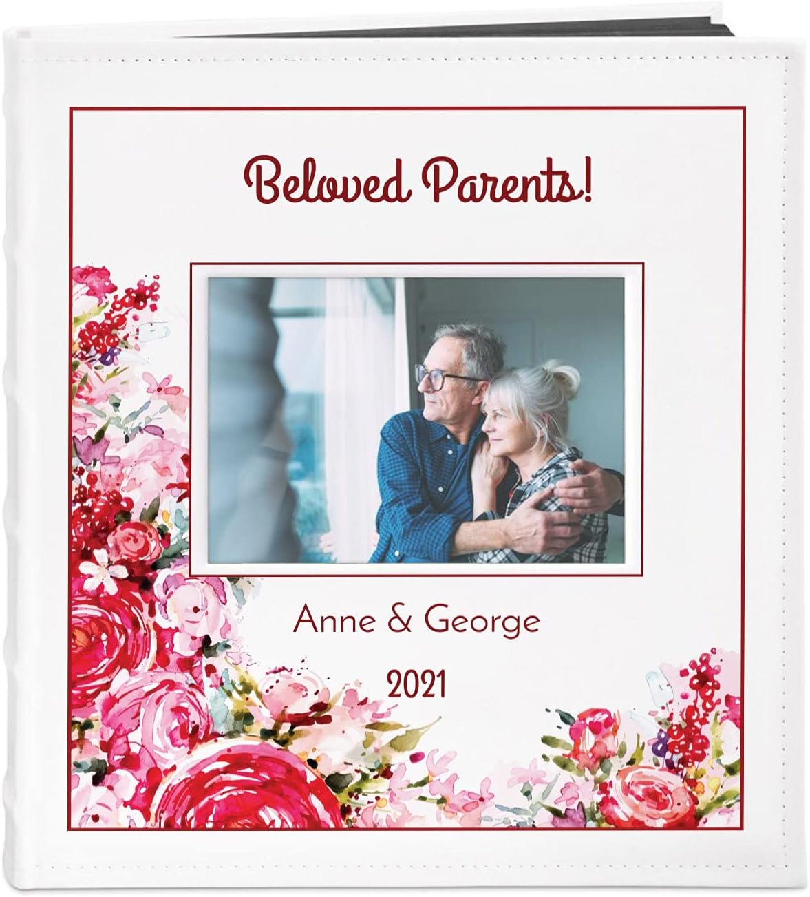 MavertonPhoto Album for couples- White cover with a photo frame and a stylish print - 60 black pages to fill in - Up to 240 images in multiple size - For wedding - For parents - flowery