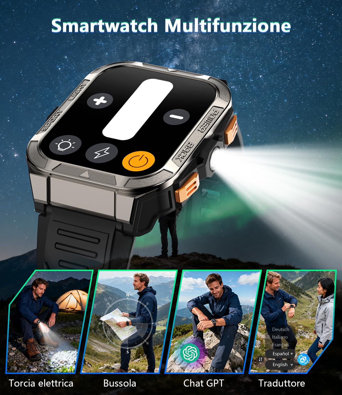 IOWODO Smartwatch Uomo con Batteria 900mAh, GPS e Torcia SOS Bussola, | 1,91" Militare Orologio Intelligente con Assistente AI, IP68 Impermeabile, Chiamate Bluetooth, Android iOS