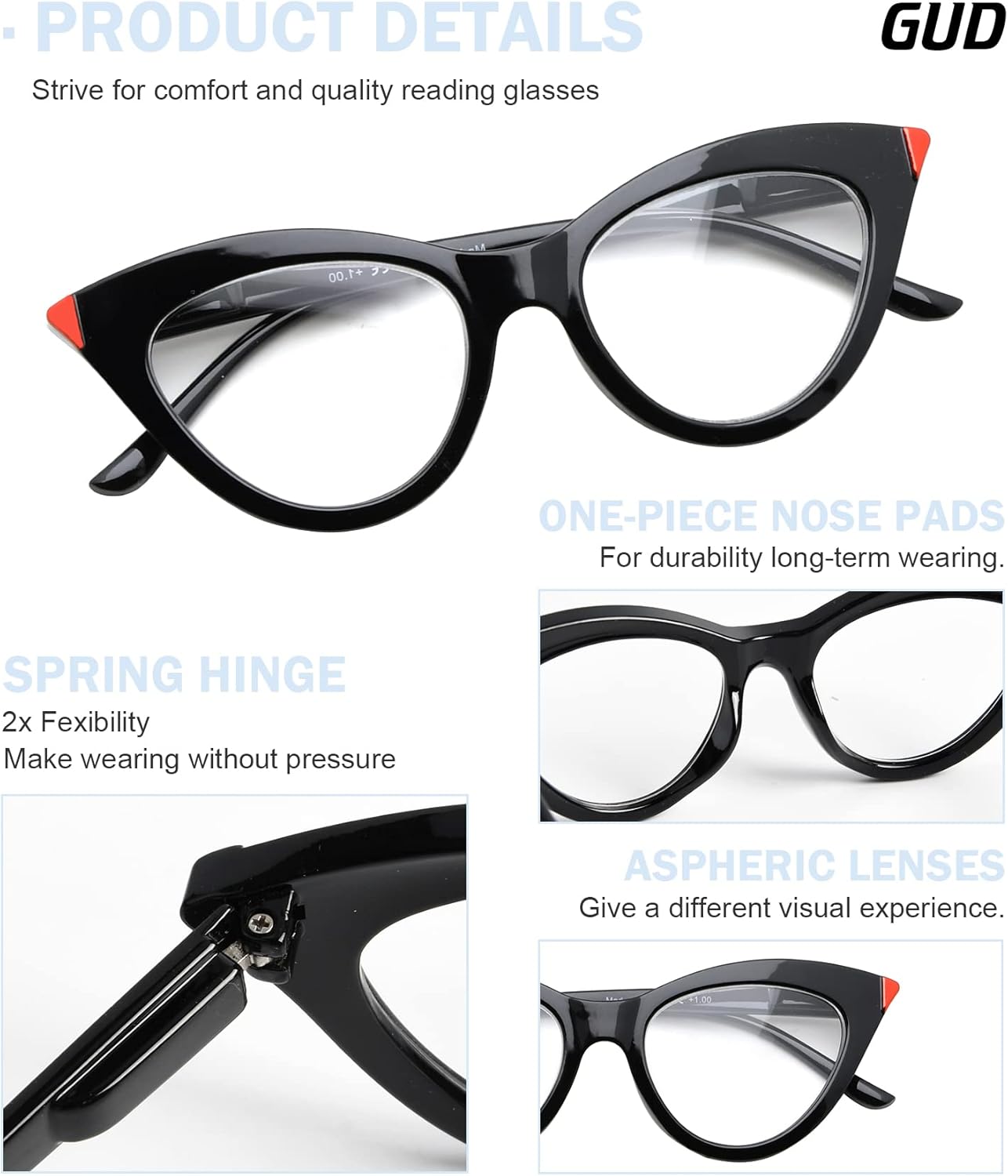 GUD Cat-Eye Style Reading Glasses for Women - 5 pairs Ladies Readers for small size +3.75