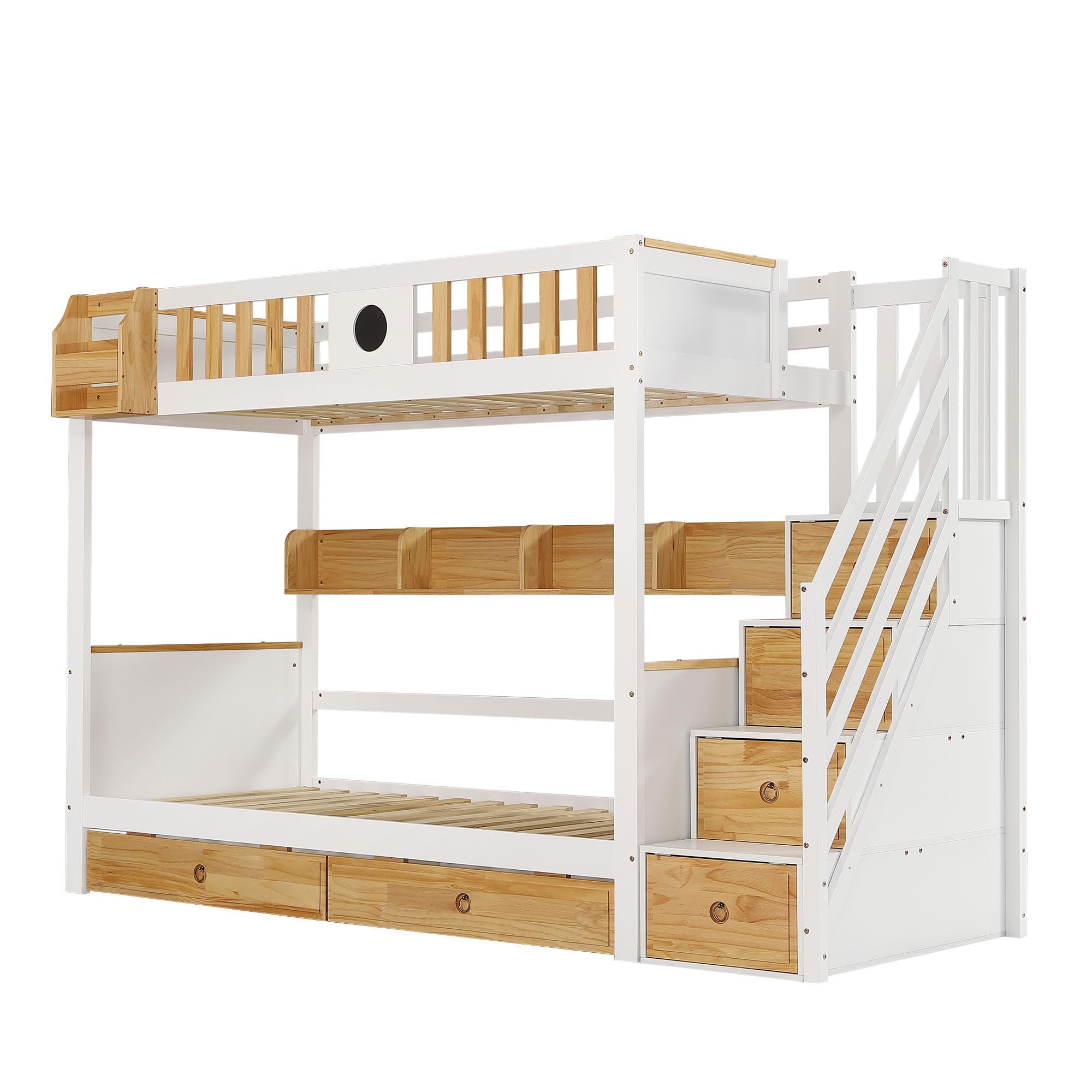 Litera Cama Infantil 90x200 con Escalera de Almacenamiento y 2 Cajones, Literas Cama Alta con Pizarra y Estantería, Camas con Protección Anticaídas y Somier, Sin Colchón, Blanco+Natural