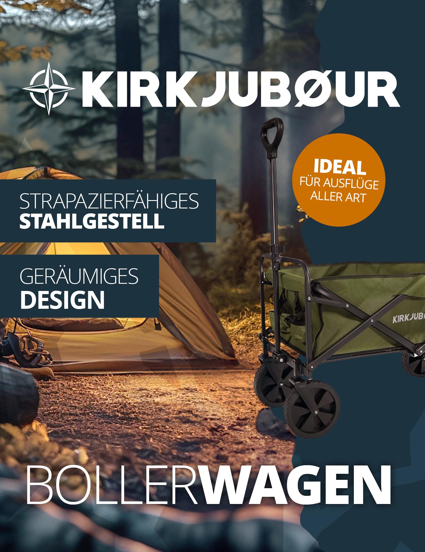Kirkjubøur Carro plegable Edda, 90 x 52 x 55 cm, carro de mano para un transporte cómodo con 100 litros de volumen, soporta hasta 110 kg y ruedas delanteras giratorias 360° (azul marino)