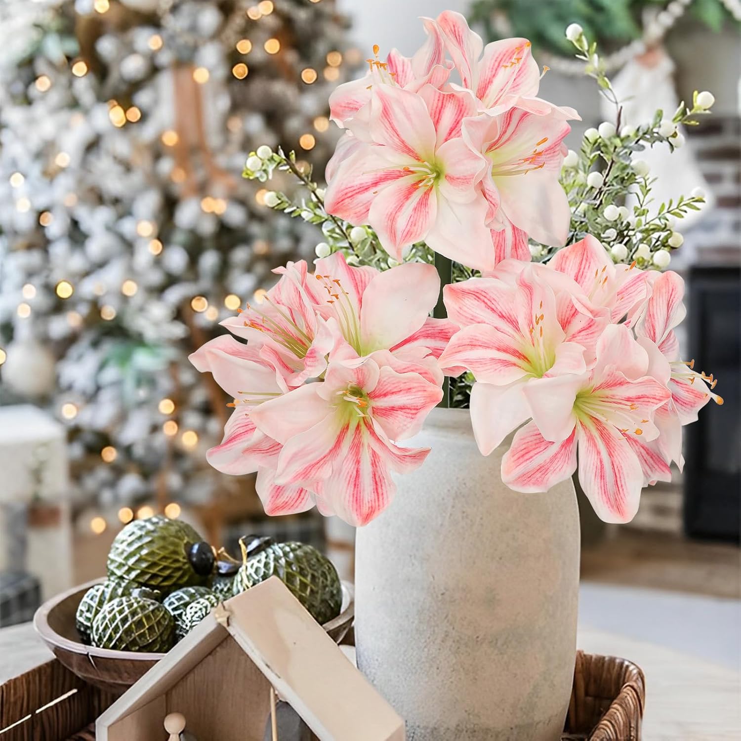 Briful 3PCS Amaryllis Artificial Flowers 17.3 Inch Faux Amaryllis Flowers Stems with 4 Heads Silk Floral Bouquet for Spring Home Room Table Centerpiece Wedding Party Arrangements(Pale Pink)