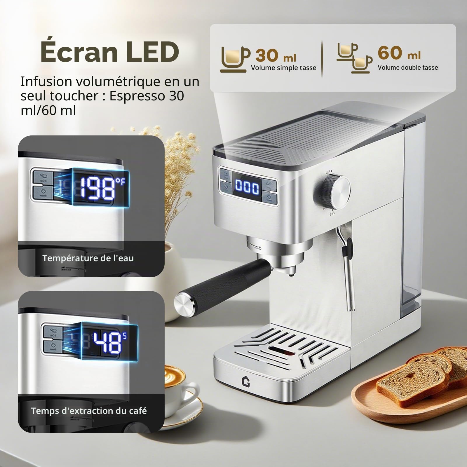 GarveeTech Machine à café, porte-filtre 20 bars avec mousseur à lait pour expresso, cappuccino et latte - machine à expresso compacte avec thermobloc, fonction eau chaude et indicateur de détartrage