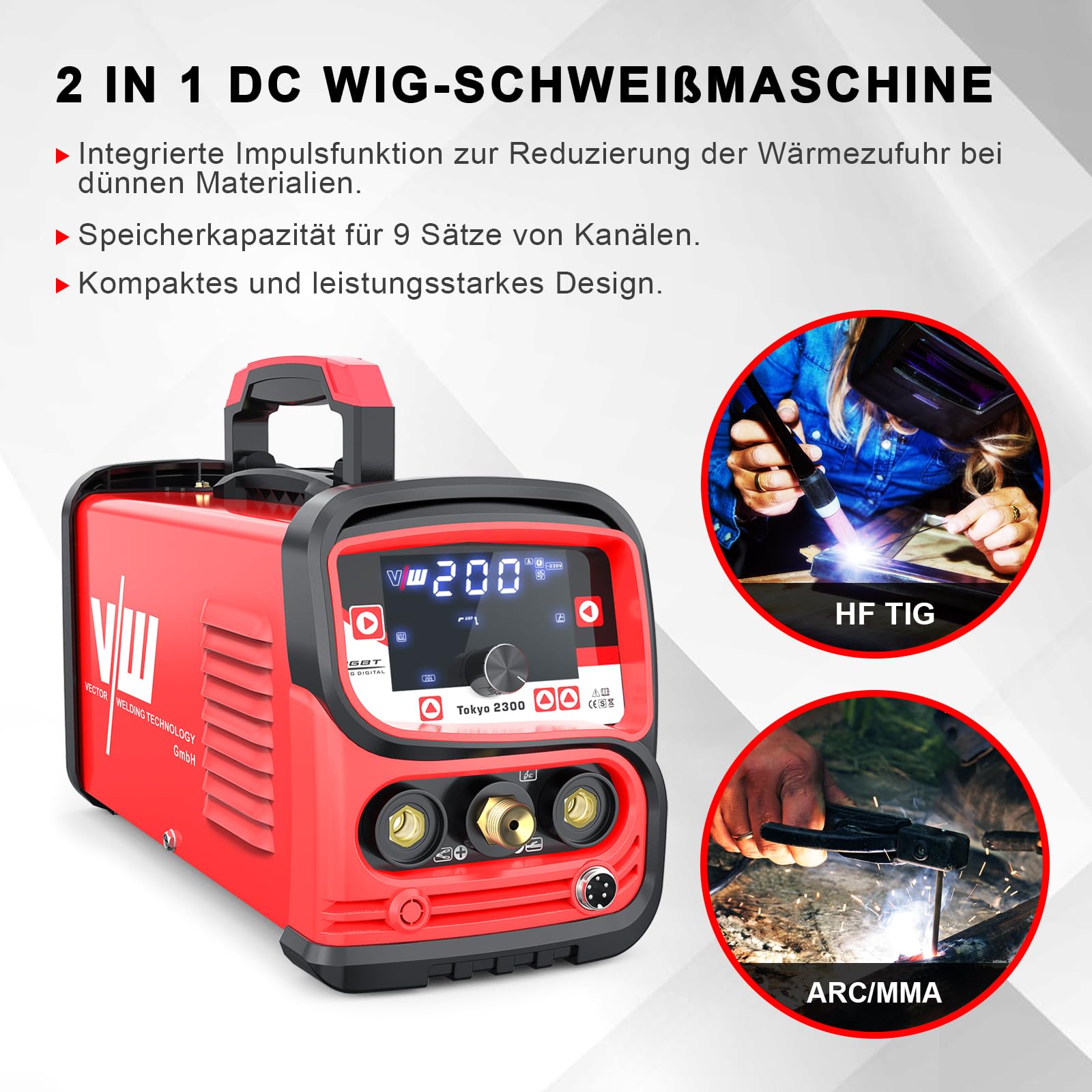 VECTOR WELDING 3-in-1 Schweißgerät Set 200A DC WIG/Puls/MMA Schweißmaschine