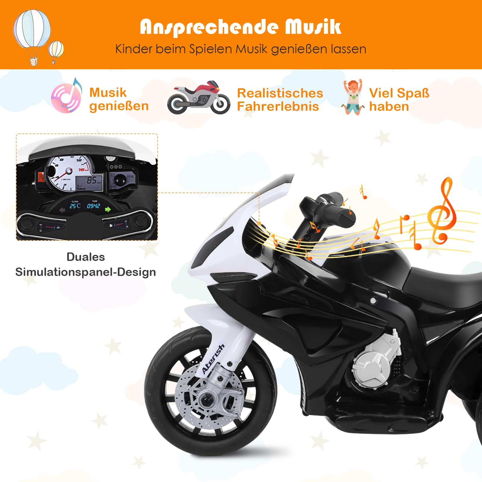 DREAMADE Kinder Elektro Motorrad, 6V Kindermotorrad Elektrisch mit Musik & Licht & Hupe & Stützrädern, 3 km/h, Elektro-Dreirad Elektromotorrad für Kinder 18-36 Monaten (Schwarz)