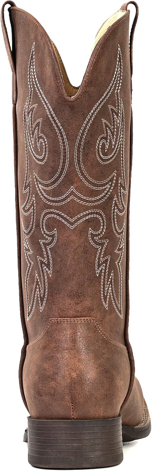 IUV Cowboy Boots for Women Mid Calf Square Toe Cowgirl Boots with Embroidery Pull On Fashion Retro Western Boot for Theme Party Country Concert