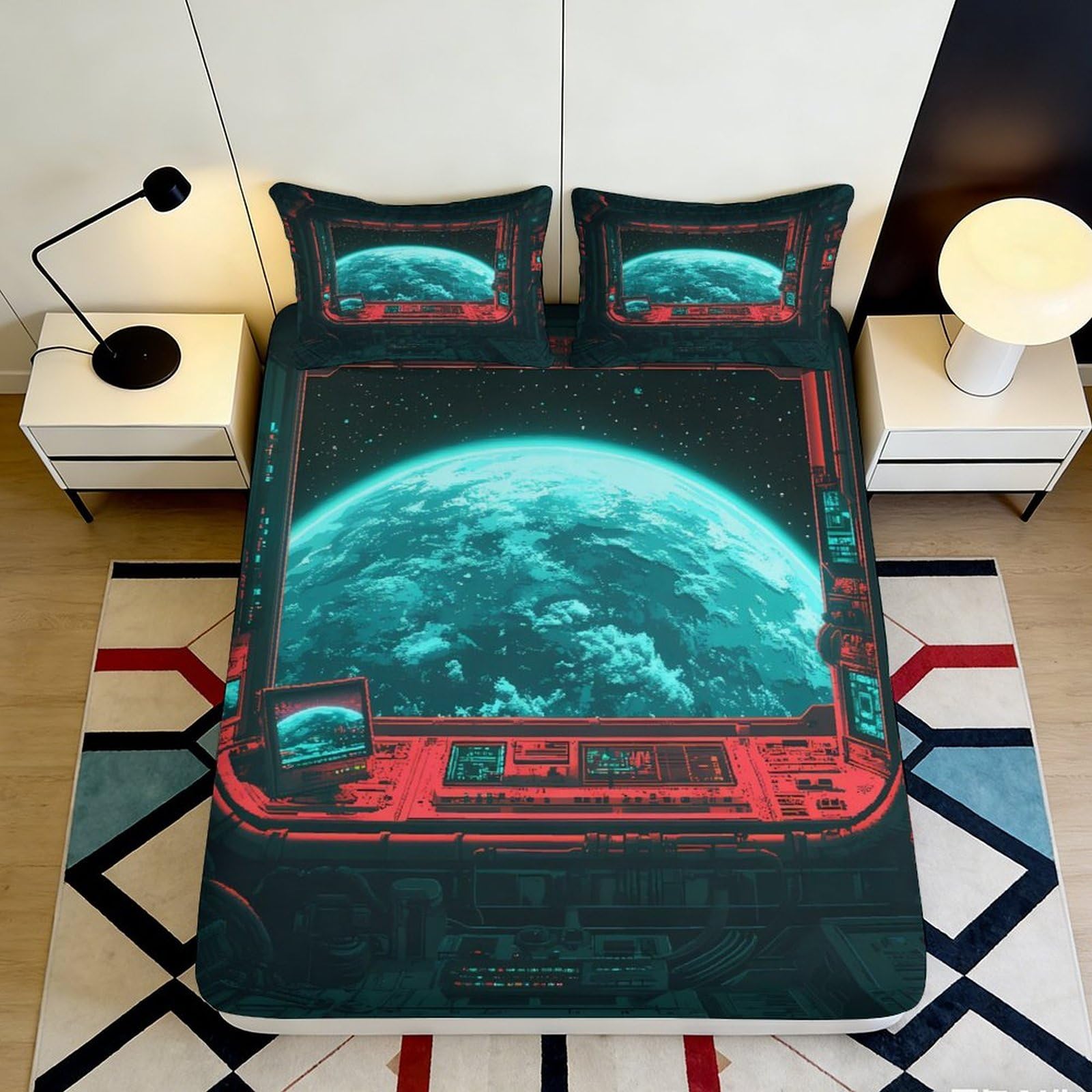3D Printed Space View Fitted Sheet Microfiber Soft Breathable Earth Horizon Bed Cover for Bedroom Dorm Decor 180x200x25cm