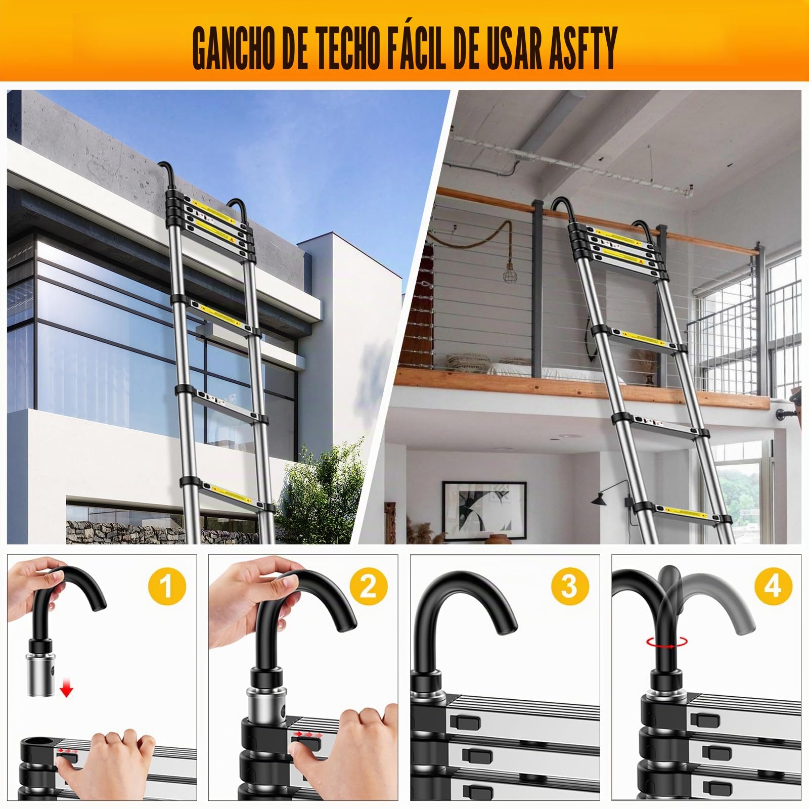 Escalera TelescóPica 6,2m, Escalera Extensible con Ganchos, Varias Posiciones, para Reparaciones Domésticas, Almacenes y Trabajos de Jardinería