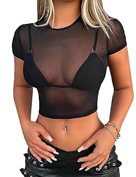 ADOME Mesh Crop Top Plus Sheer Cropped Shirt Black Crop