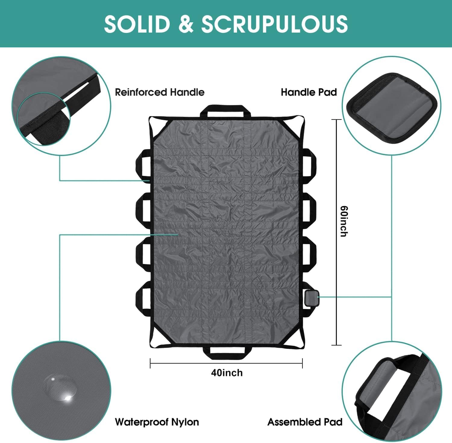 60" x 40" Positioning Bed Pad with Handles Washable Draw Sheets for Hospital Bed Ridden Patient Clothes Waterproof Glide Sheets for Patients Moving Pad for Lifting &Transfer Sheet Nylon, Grey