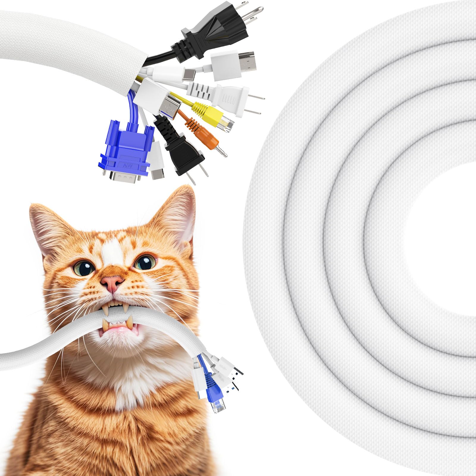 REFLYING Cable Tidy Sleeve 3 Meters-25.4mm, White Cable Protector Keep Dogs Cats Pets from Chewing Cords