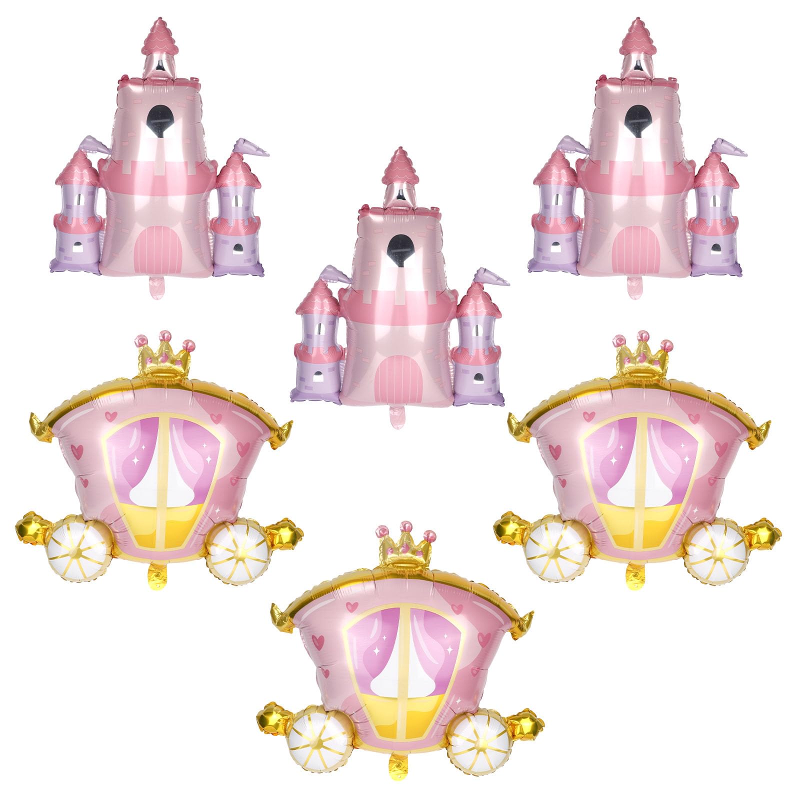 6pcs Princess Birthday Party Balloons, Pink Princess Castle & Carriage Foil Balloons for Girls Birthday Baby Shower Wedding Bachelorette Party Decorations