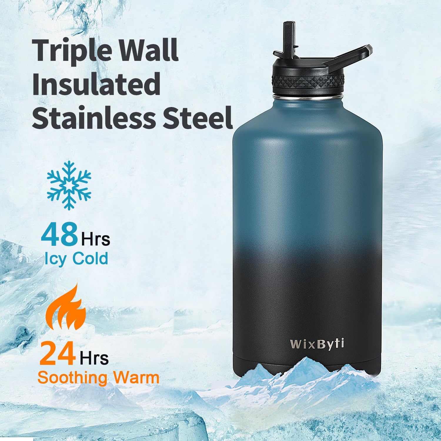 One Gallon Water Bottle Insulated with DIY Stickers, Triple Wall Vacuum Cold for 48 Hrs Leak-proof Non-BPA, 128oz Large Sports Stainless Steel Water Jug with Paracord Handle Straw Spout Lids - Image 2