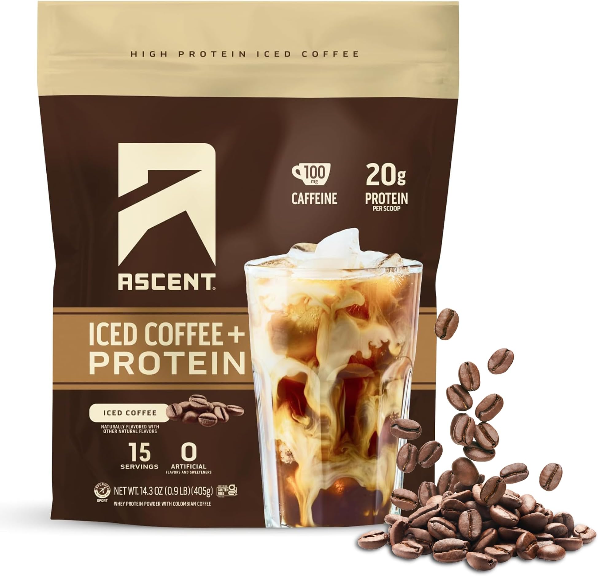 Ascent Iced Coffee Protein Powder - High Protein Coffee Powder, 20 g Protein & 100 mg Caffeine from Premium Colombian Coffee, Zero Artificial Flavors & Sweeteners - 15 Servings