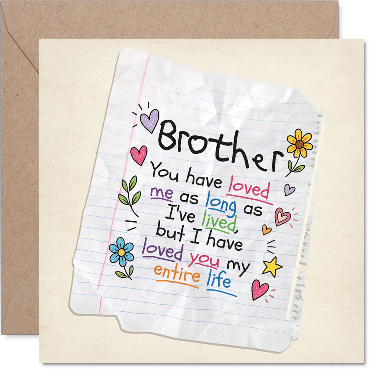 Sentimental Birthday Card for Brother - Notebook Nostalgia with Heartfelt Doodles - 145mm Square, Envelope Included