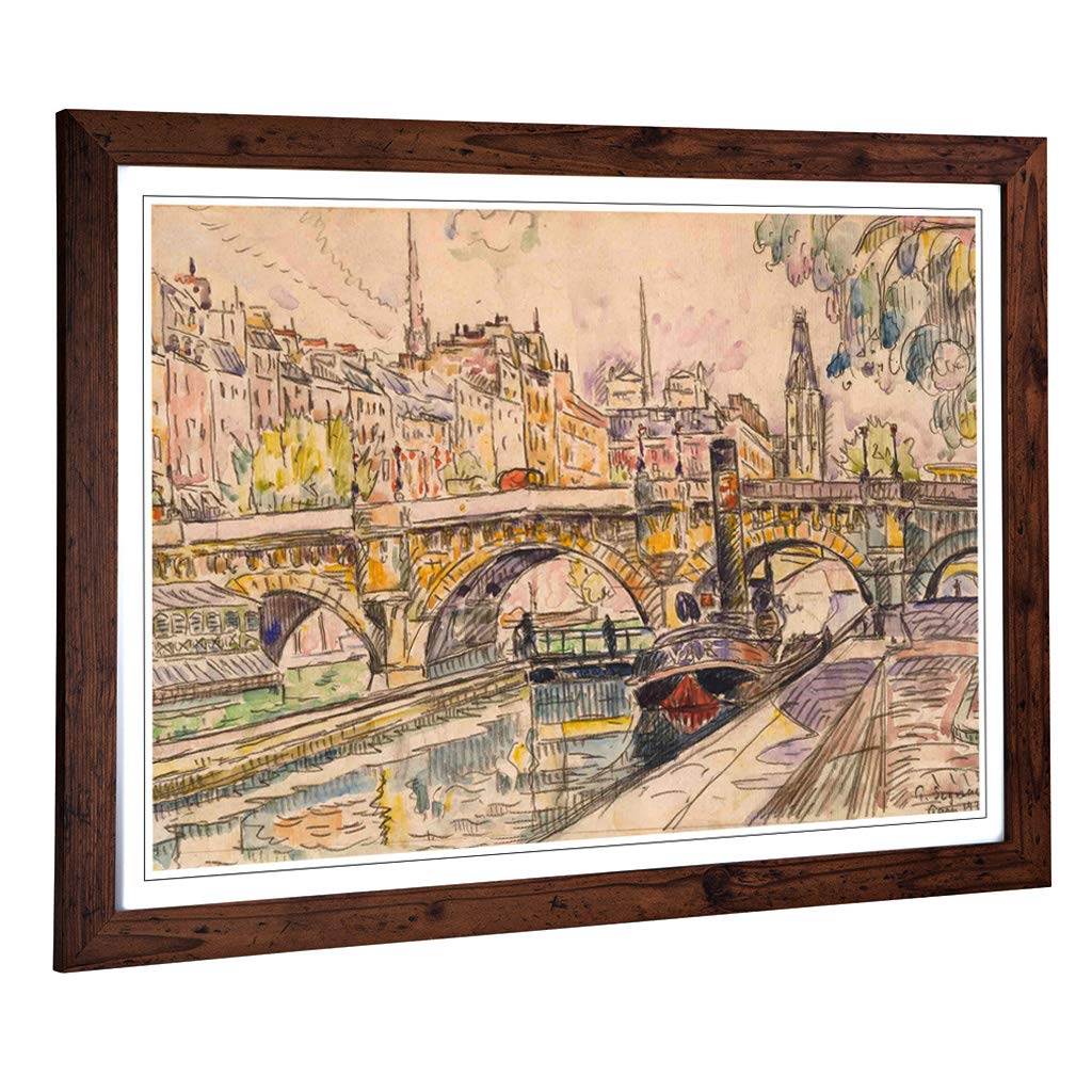 Big Box Art Framed Print of Paul Signac Tugboat at The Pont Neuf Paris Design | Wall Art Picture | Home Decor for Kitchen, Living Room, Bedroom, Hallway, Walnut, A2 / 24.5x18 Inch / 62x45cm