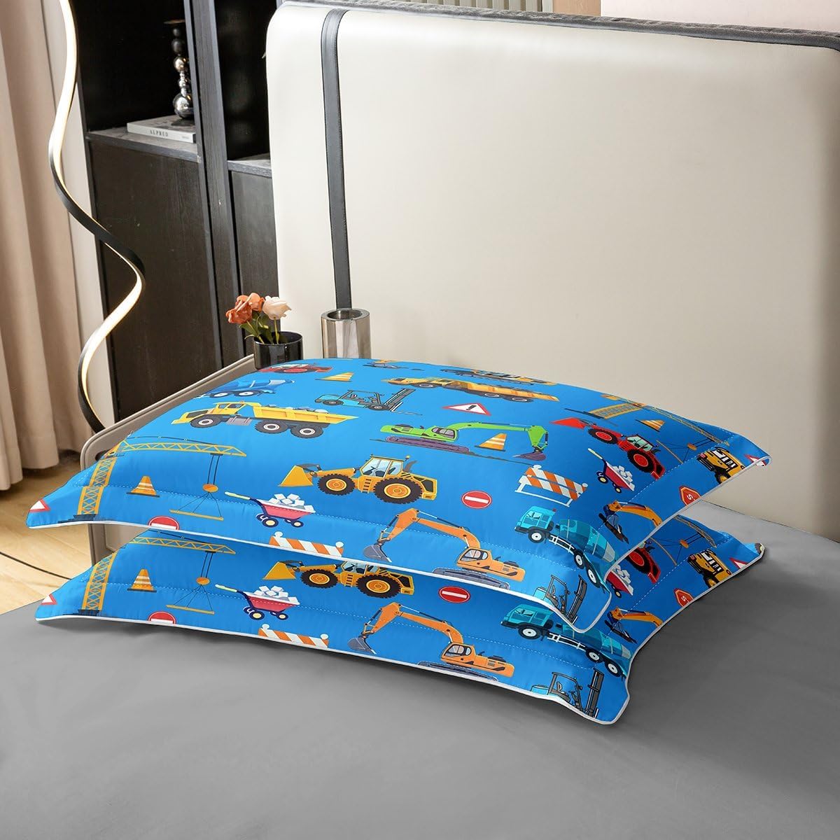 Feelyou Blue Excavator Duvet Cover 100% Cotton Queen Size Construction Vehicles Comforter Cover for Boys Girls Equipment Trucks Bedding Set 3Pcs Room Decor Breathable Soft Lightweight Microfiber