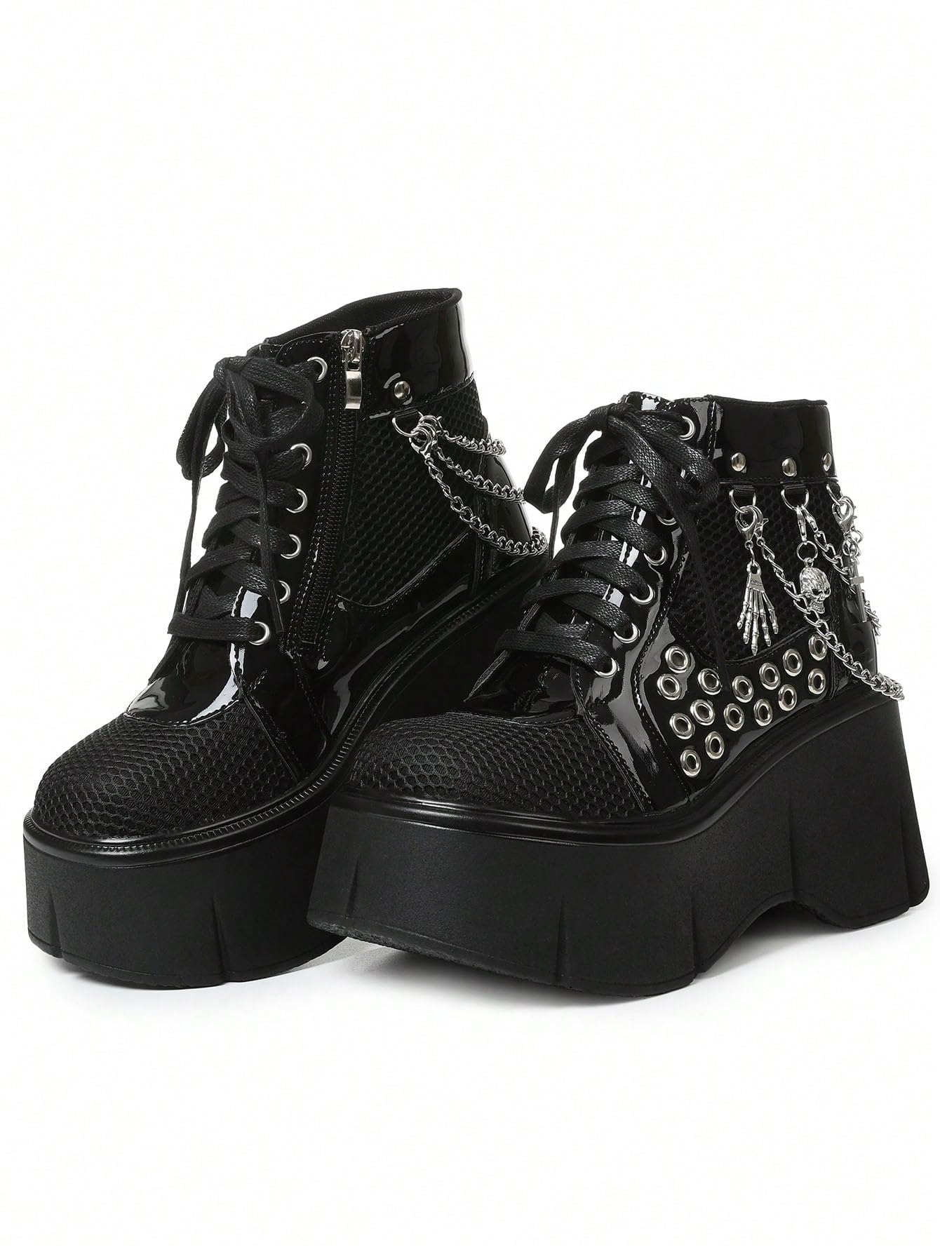 Y2K Punk Goth Platform Ankle Boots for Women with Fashion Chain Decor Round Hole Wedge High Heels Thick