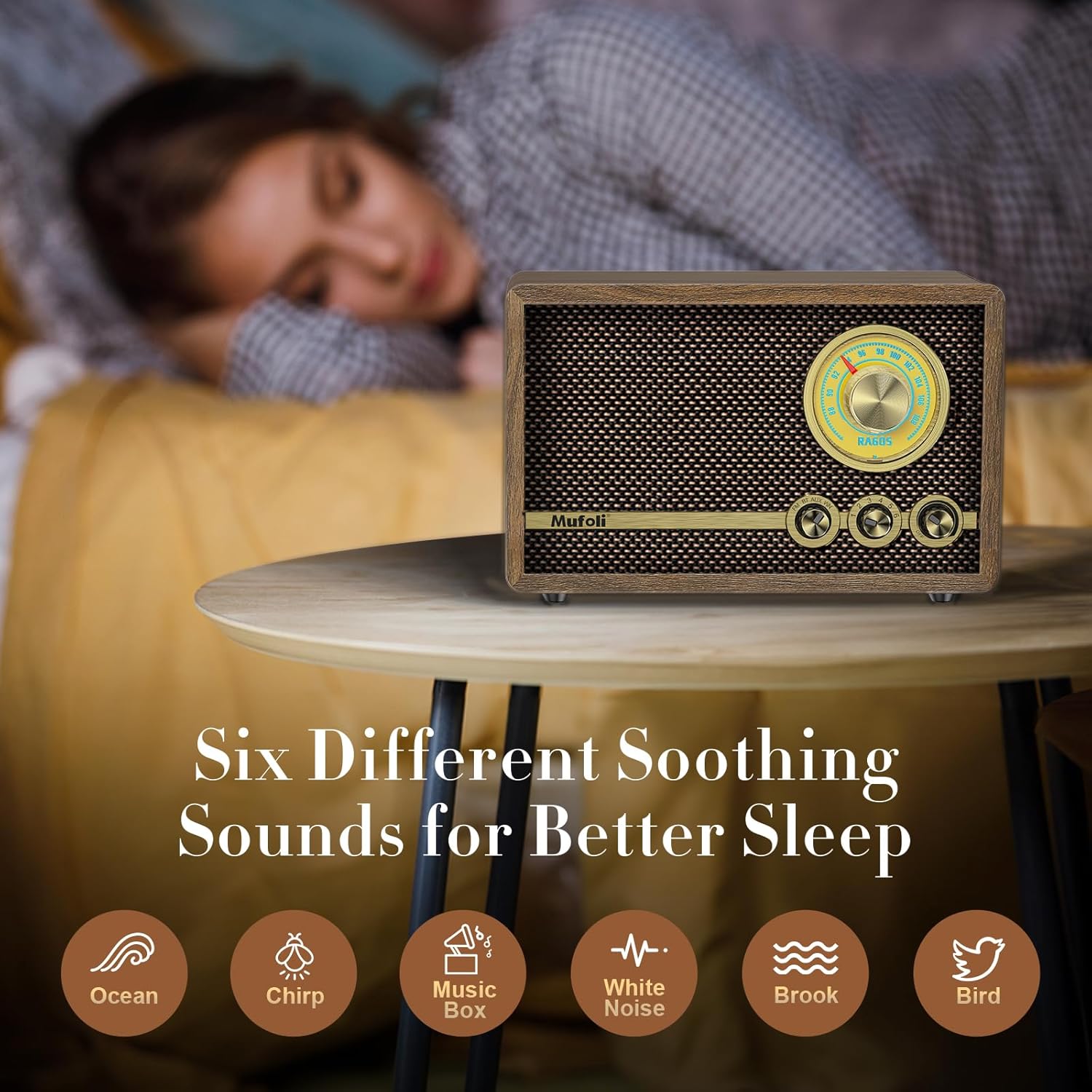 FM Radio, Vintage Bluetooth Speaker with White Noise Function, Wood Retro Radio for Kitchen, Home, Bedroom, Living Room, Office, Cafe, with Rotary Tuning Dial (Espresso/RA60S-B) - Image 4