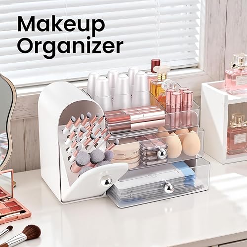 Miniatura 2 de Organizador de Maquillaje, Organizador de Tocador con Soporte para Cepillos de Maquillaje, Organizadores Grandes para Cuidado de la Piel y