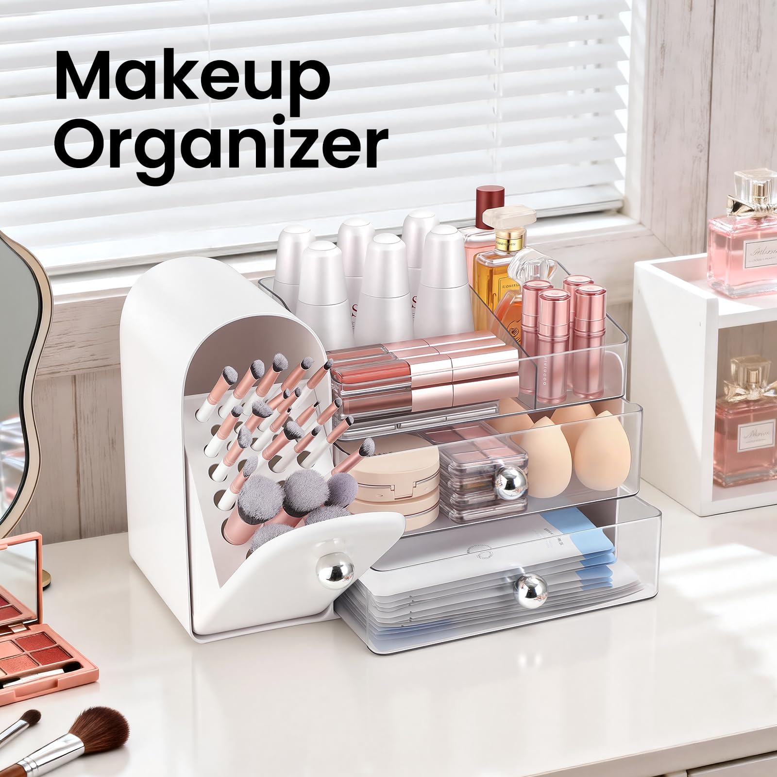 TRQWRO Makeup Organizer Countertop with Makeup Brush Holder,White view 3