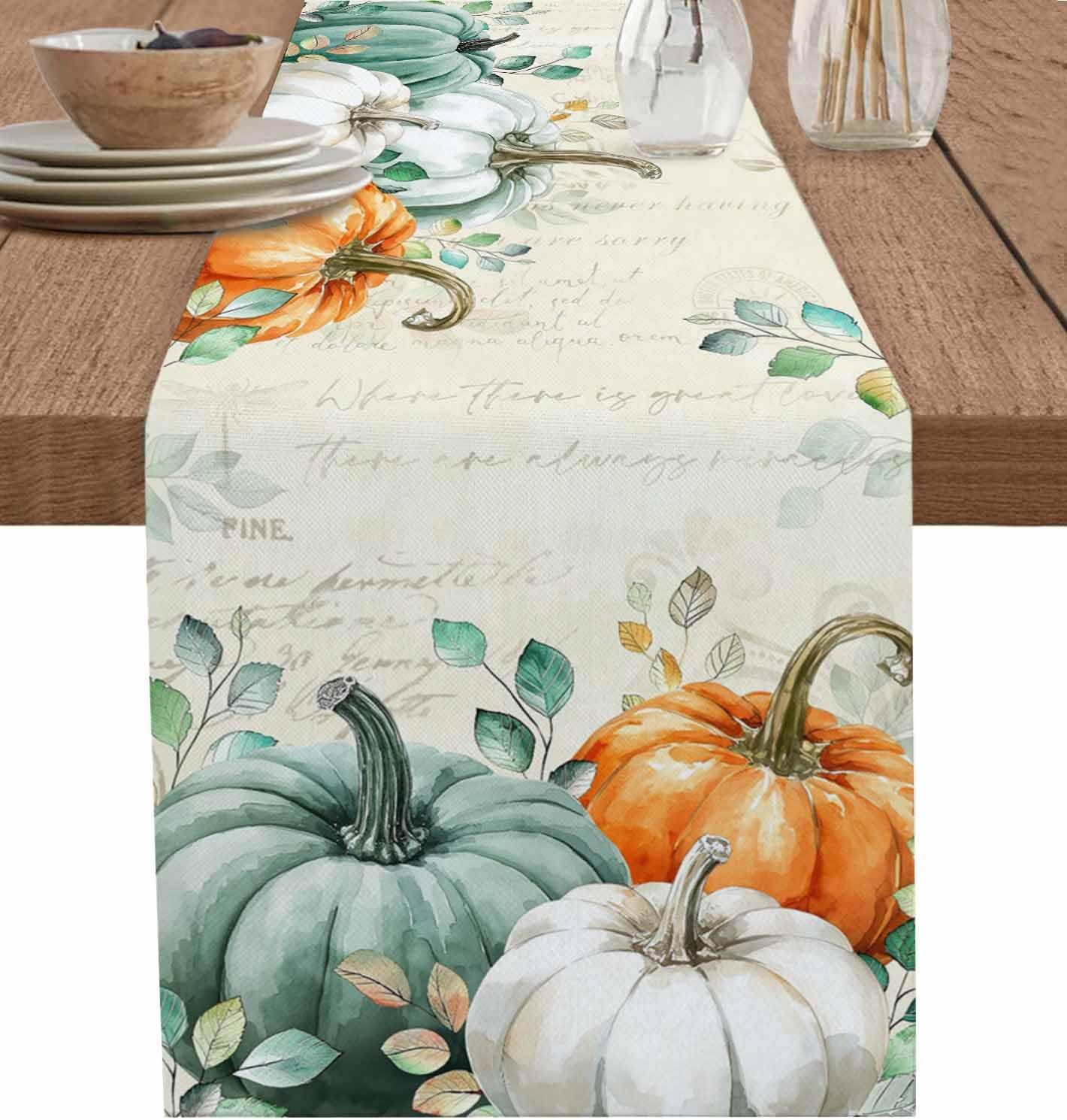 Teal Orange White Fall Table Runner 72 Inches Long Farmhouse Dress Scarves, Thanksgiving Pumpkins Retro Dining Tablerunner for Coffee Table/Kitchen Island/Party Décor, 18" x 72"