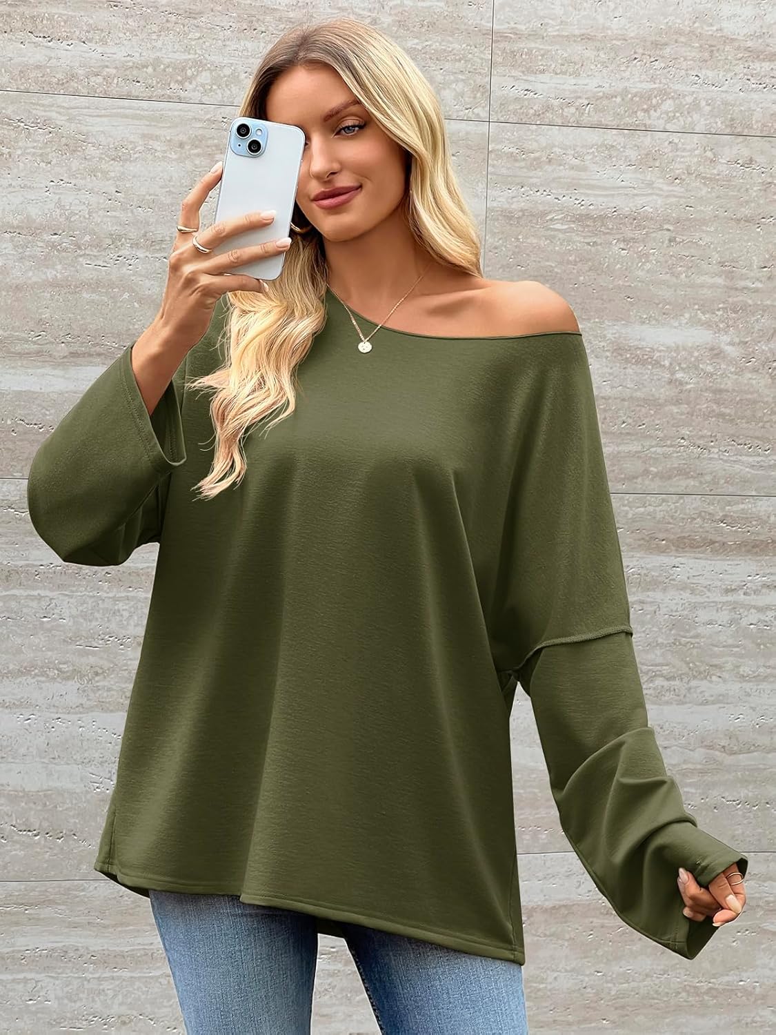 Tankaneo Womens Oversized Off The Shoulder Tshirts Summer Casual Long Sleeve Tunic Tops Boat Neck Loose Fit Flowy Sweatshirt - Image 6