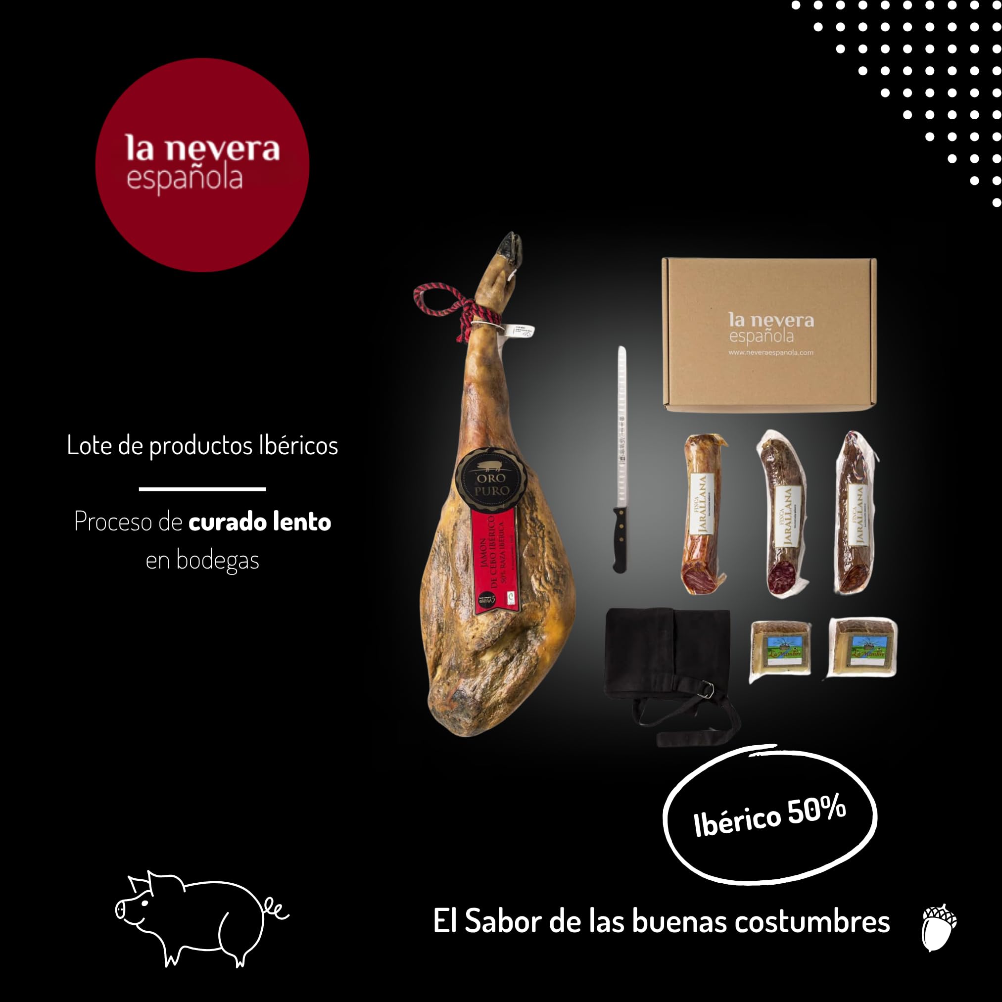 La Nevera Española - Lote Ibérico de Jamón Oro Puro, Chorizo, Lomo, Salchichón y 2 Cuñas de Queso de Oveja - Productos Nacionales - Delantal de Regalo