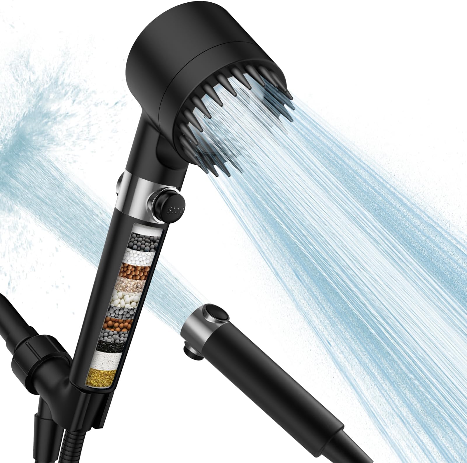 PWERAN Filtered Shower Head with Handheld, High Pressure 3 Spray Mode Showerhead with 18 Stage Water Softener Filters for Hard Water - Remove Chlorine-BLACK