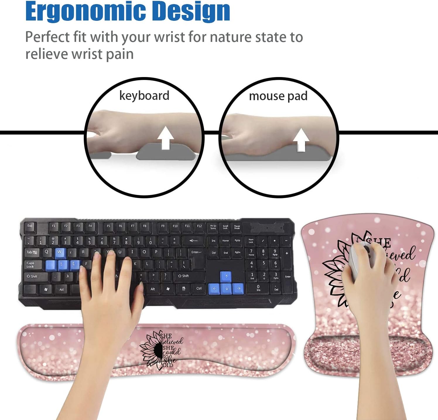 Mouse Pad Wrist Support and Keyboard Wrist Rest Set with Coasters, She Believed She Could So She Did Inspirational Quote Wrist Mouse Pad with Non-Slip PU Base for Home Office Working Studying