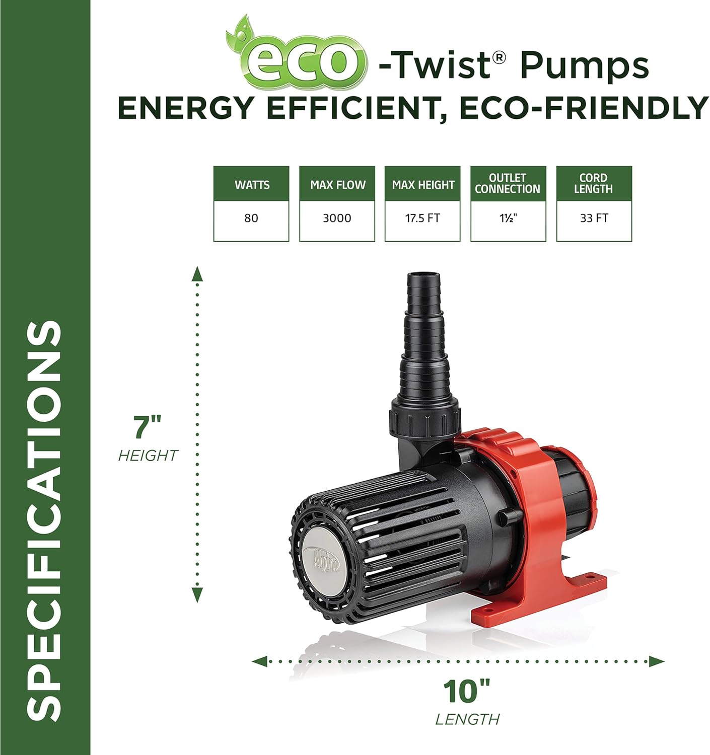 Alpine Corporation Eco-Twist Energy-Saving 3000GPH Pond Pump with 33-ft. Cord