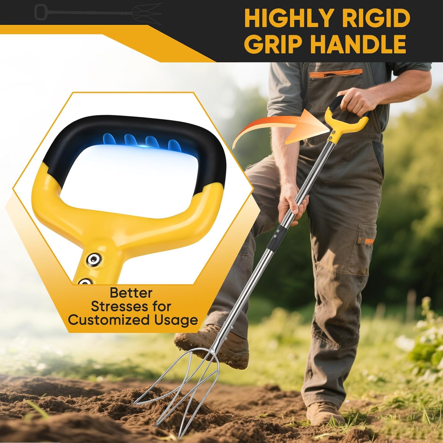 Pitchfork for Gardening, 48.5" Extendable Stainless Steel Garden Pitchfork with Handle, Suitable for Digging, Fertilizing, Transplanting, Multifunctional Garden Fork - 3 Tines