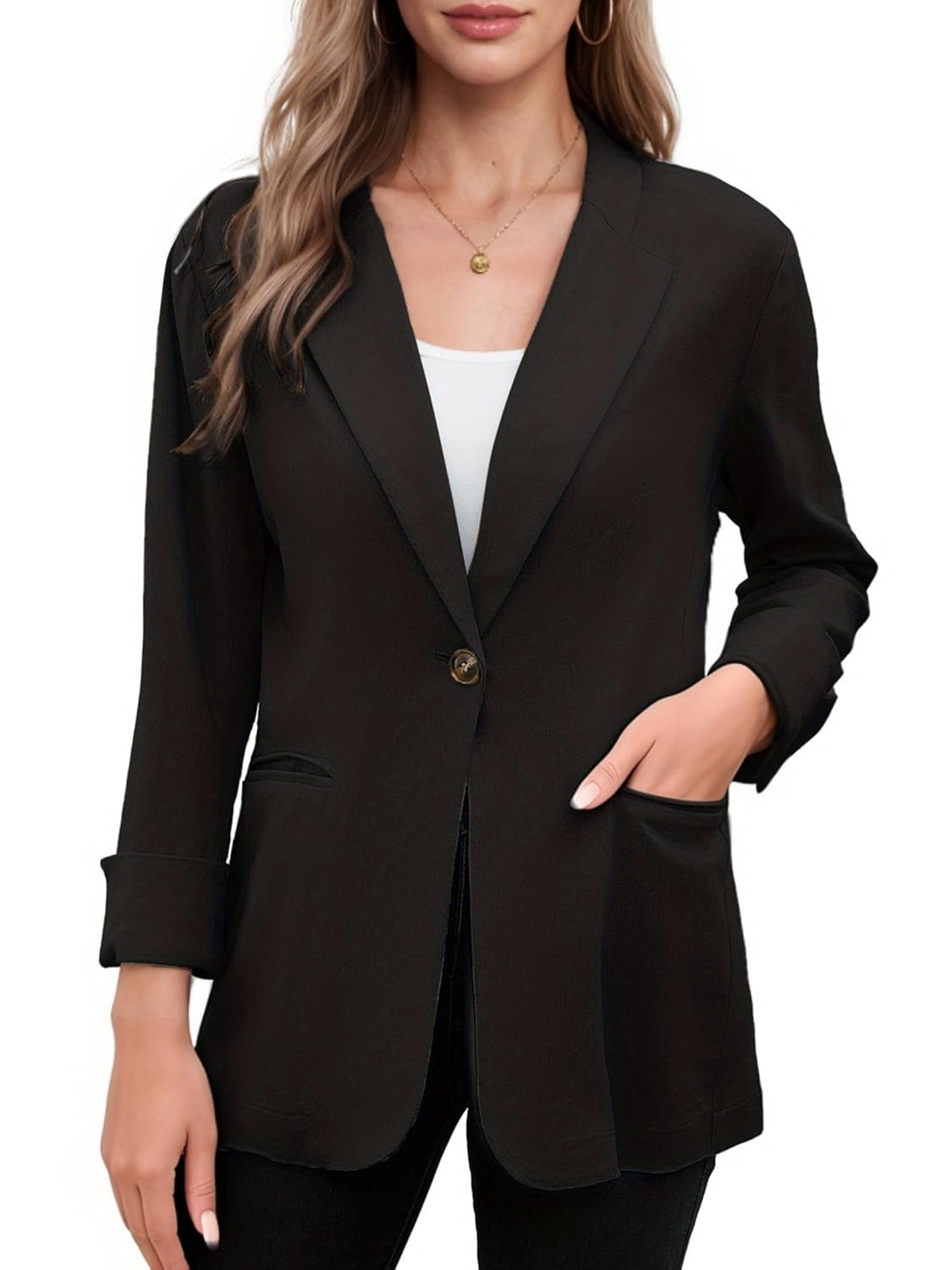 Womens One Button Cotton Linen Blazer Lightweight 3 4 Roll Up Sleeve Jacket for Casual Dailywear Office