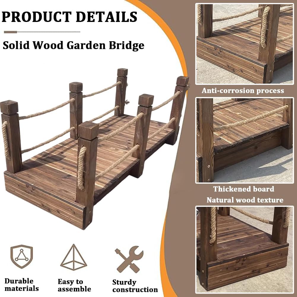 Outdoor Wooden Garden Bridge with Rope Handrail, 4.6/5.9Ft Rectangular Footbridge, Vintage Country Pond Bridge Decoration, 300Kg Load-Bearing, Walking Landscape Bridge,L140×w60×h65cm
