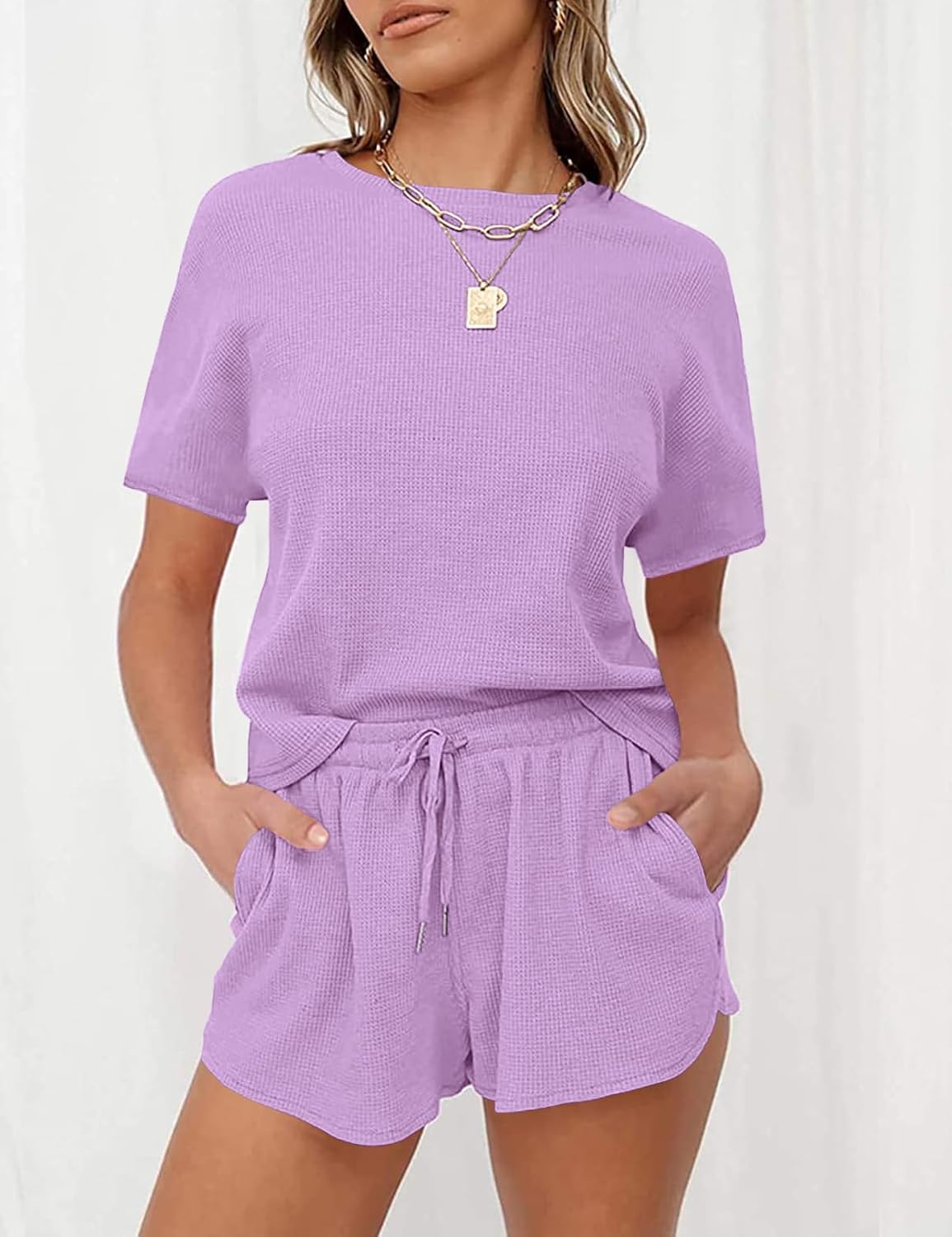 MEROKEETY Women's Short Sleeve Waffle Pajama Sets Lounge Top and Shorts 2 Piece Tracksuit Outfits - Image 2